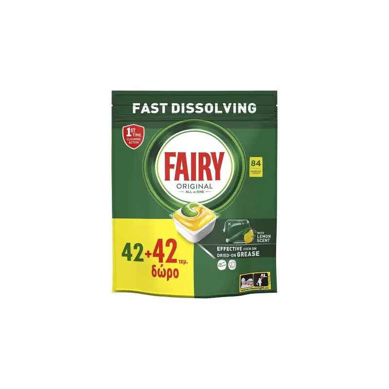 FAIRY Original Κάψουλες Πλυντηρίου Πιάτων Λεμόνι 42+42τεμ. Δώρο