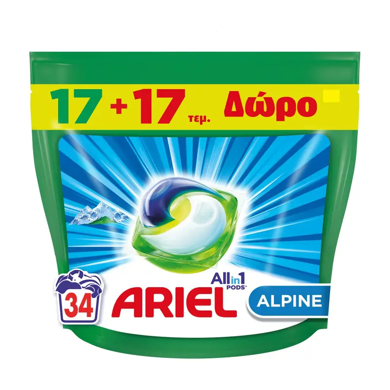 ARIEL Allin1 Pods Απορρυπαντικό Πλυντηρίου Ρούχων Alpine 17 κάψουλες +17 Δώρο