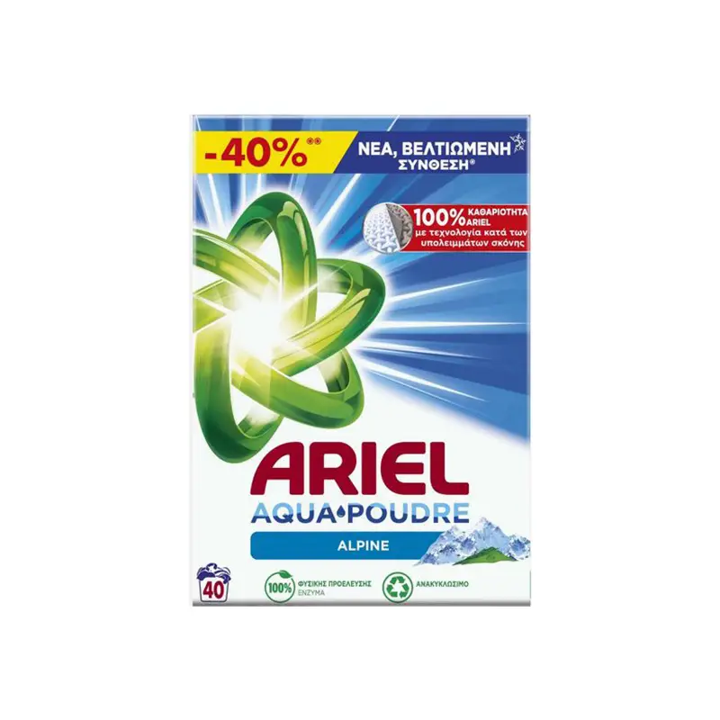 ARIEL Απορρυπαντικό Ρούχων Aqua Poudre Alpine σε Σκόνη 40 μεζούρες