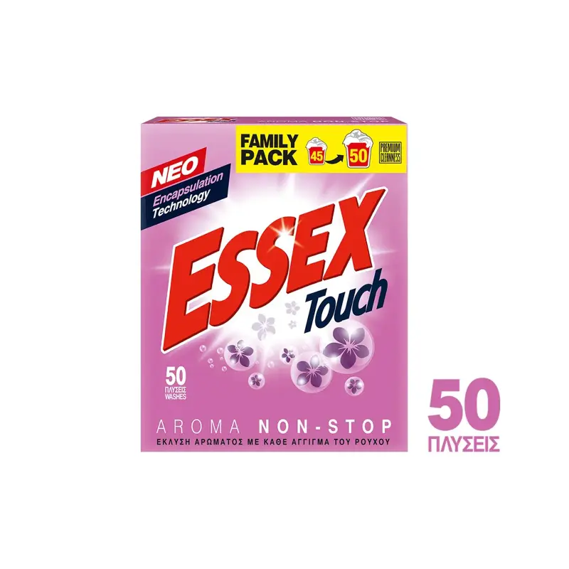ESSEX Touch Aroma Non-Stop, Σκόνη Πλυντηρίου Ρούχων, 50 μεζούρες, 2.4kg
