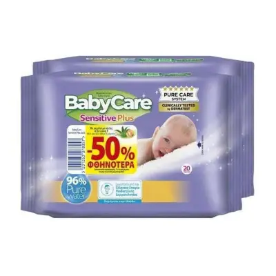 BABY CARE Sensitive Plus Μωρομάντηλα χωρίς Οινόπνευμα & Parabens 2×20τμχ