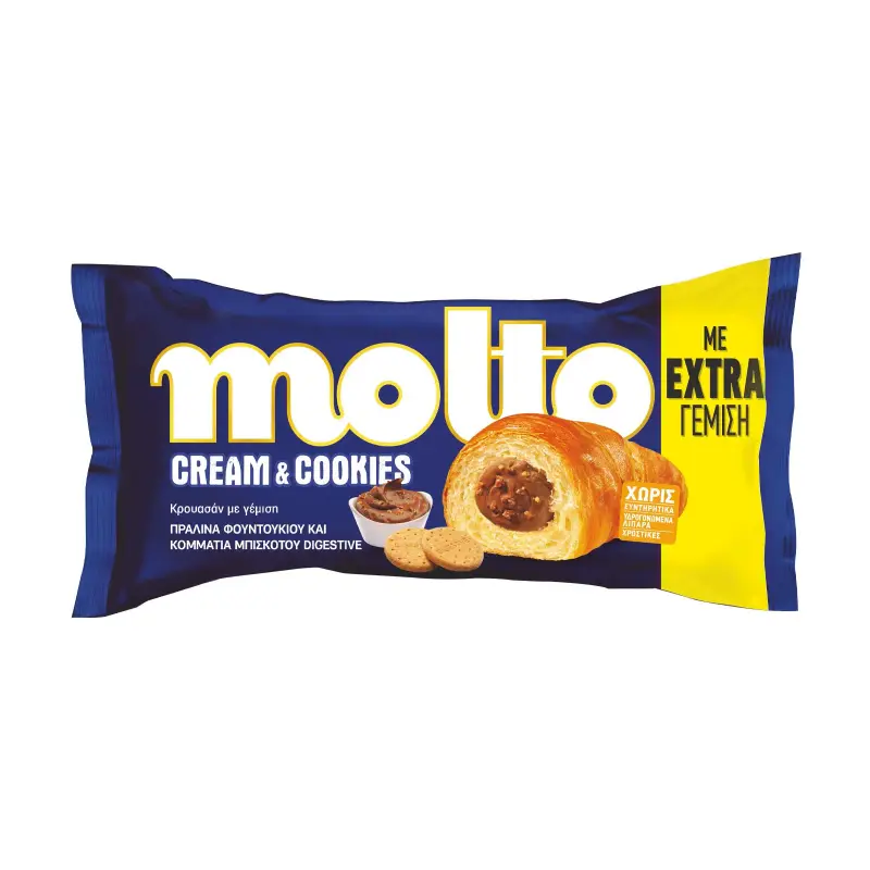 MOLTO Cream & Cookies Κρουασάν με γέμιση Πραλίνα Φουντουκιού & Κομμάτια Μπισκότου Digestive 98g
