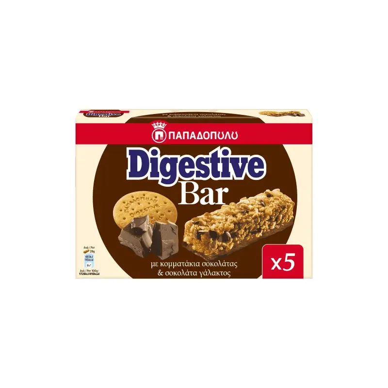 DIGESTIVE Bars Κομμάτια Σοκολάτας & Σοκολάτα Γάλακτος 5x28gr