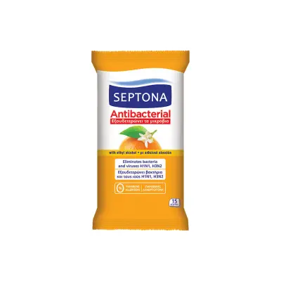 SEPTONA Αντιβακτηριδιακά Μαντηλάκια Χεριών με Άρωμα Πορτοκάλι 15τμχ