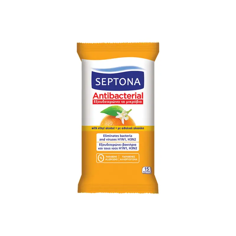 SEPTONA Αντιβακτηριδιακά Μαντηλάκια Χεριών με Άρωμα Πορτοκάλι 15τμχ
