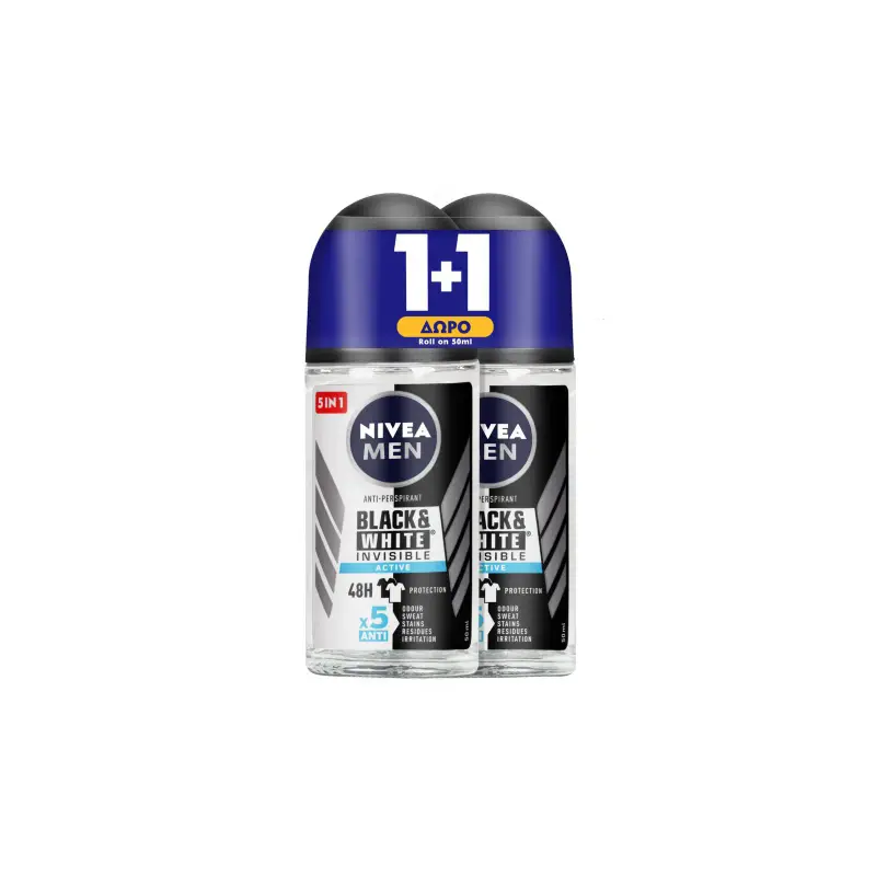 NIVEA Αποσμητικό Roll On Black & White Active 50ml 1+1 Δώρο