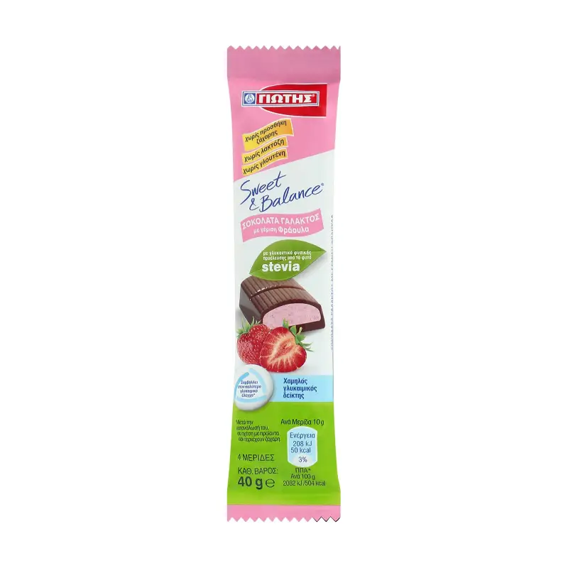 ΓΙΩΤΗΣ Sweet & Balance Σοκολάτα Γάλακτος με γέμιση Φράουλα με Στέβια Χωρίς γλουτένη Χωρίς λακτόζη Χωρίς προσθήκη ζάχαρης 40g