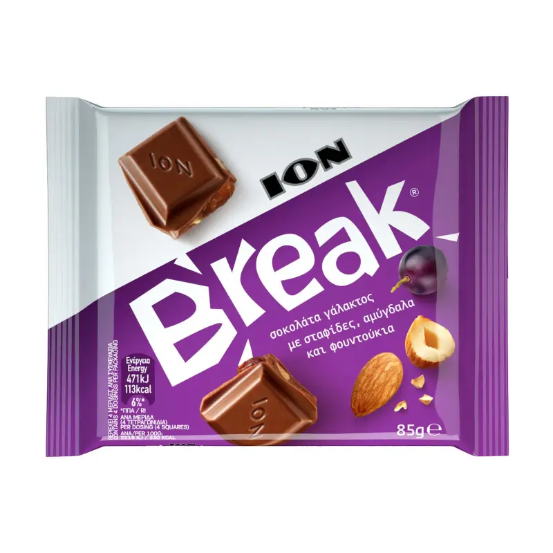 ΙΟΝ Break Σοκολάτα Γάλακτος με Σταφίδες Αμύγδαλα & Φουντούκια 85g
