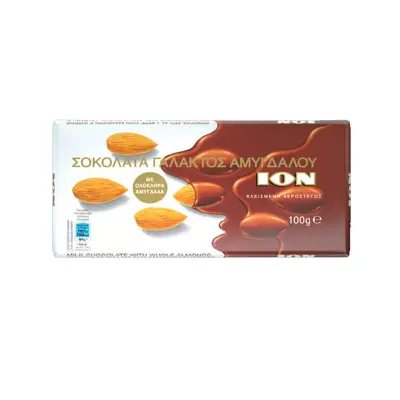 ΙΟΝ ΣΟΚΟΛΑΤΑ ΓΑΛΑΚΤΟΣ ΑΜΥΓΔΑΛΟΥ 100gr., (ΟΛΟΚΛΗΡΟ ΑΜΥΓΔΑΛΟ) (No 1202)