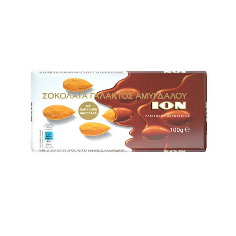 ΙΟΝ ΣΟΚΟΛΑΤΑ ΓΑΛΑΚΤΟΣ ΑΜΥΓΔΑΛΟΥ 100gr., (ΟΛΟΚΛΗΡΟ ΑΜΥΓΔΑΛΟ) (No 1202)